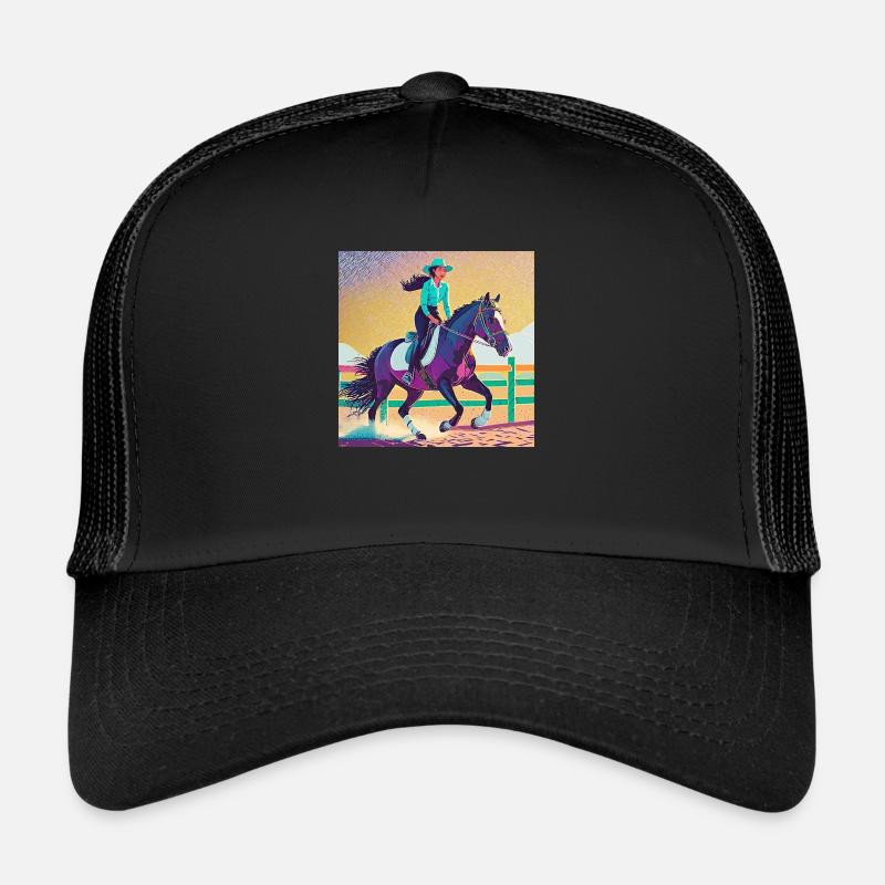 Reiterin auf schwarzem Pferd - Trucker Cap - Schwarz/Schwarz