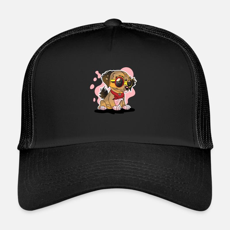 Chiot mignon assis avec un chien de mode de visage sérieux Casquette trucker 