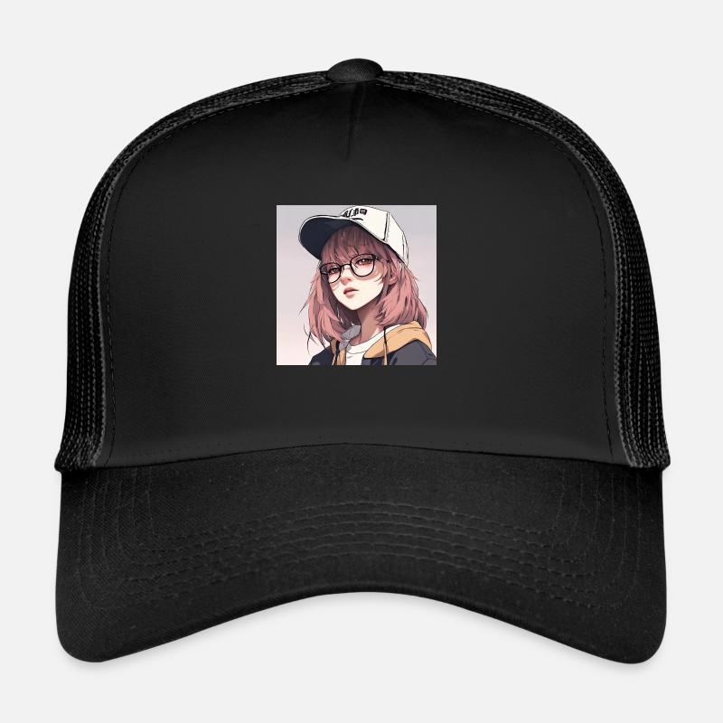 Anime-Geek-Mädchen - Trucker Cap - Schwarz/Schwarz