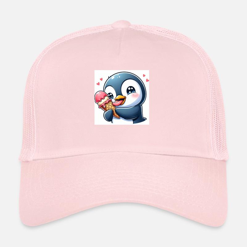 Süsser Pinguin am Softeis essen. Pinguin mit Eis Trucker Cap