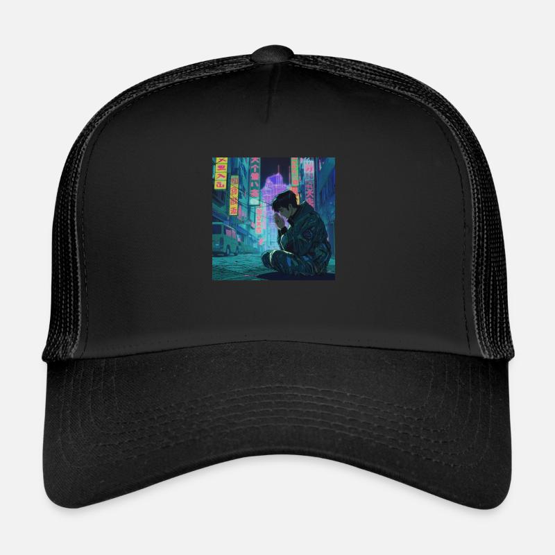 80er Jahre Anime Mädchen beruhigender hochwertiger Modedruck - Trucker Cap - Schwarz/Schwarz