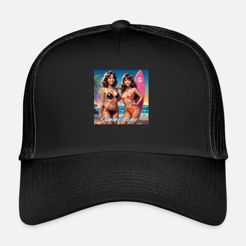 Das Bild zeigt drei Skelette, die auf farbenfrohen Trucker Cap