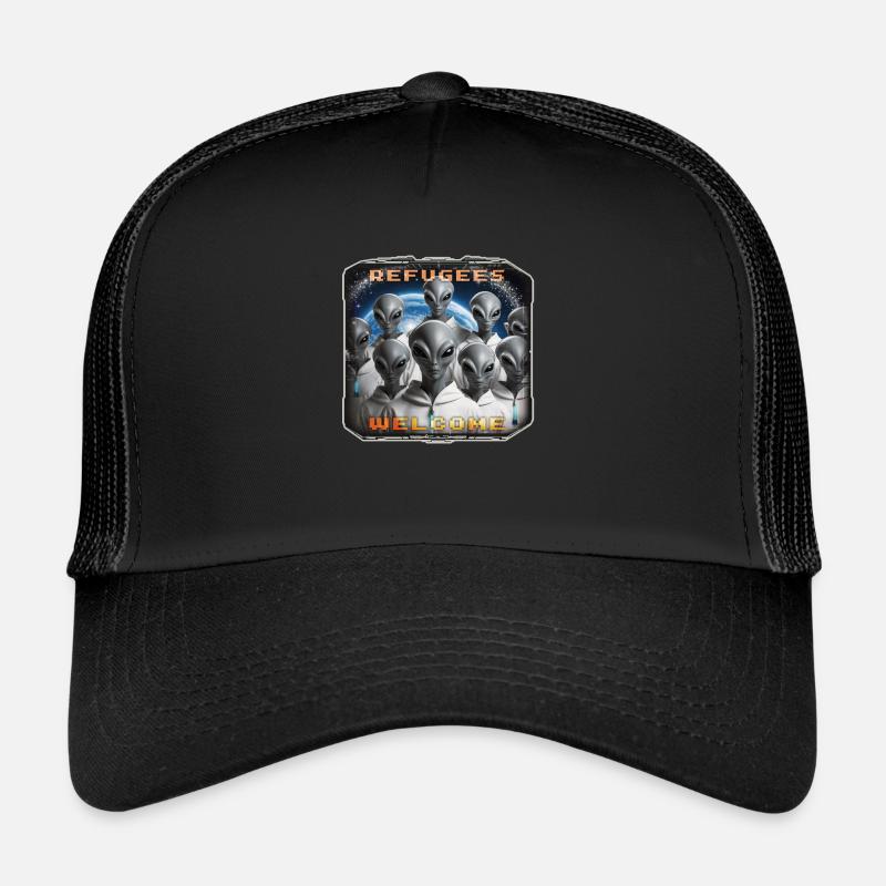 Out of Space - Refugees Welcome Design - Version 4 - Trucker Cap - Schwarz/Schwarz