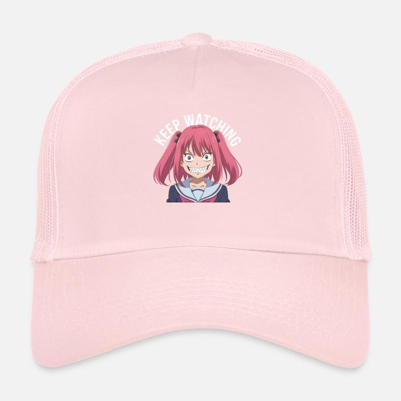 Keep watching, crazy, anime, pink hair, white text Trucker Cap