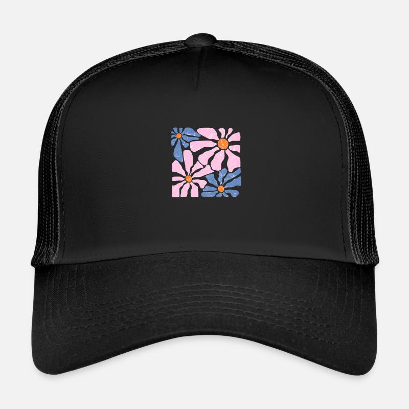 Groovy Retro Rosa und Blaue Blumen - Trucker Cap - Schwarz/Schwarz