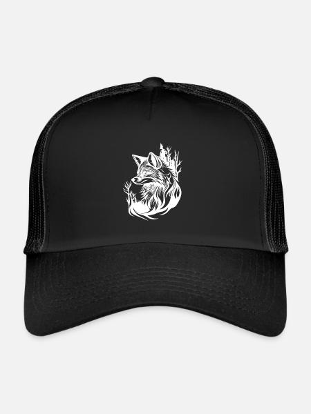 Pretty Cute Tattoo Style Fox in the Forest - Trucker Cap - black/black - Front