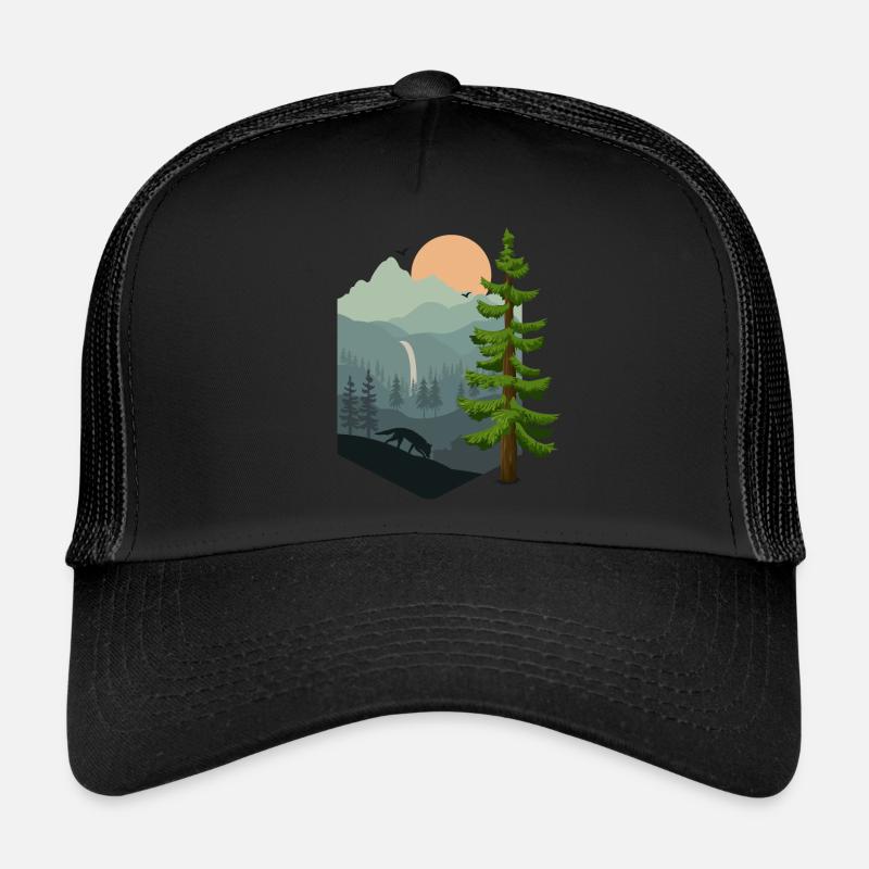 Wald Landschaft Berge Fuchs - Trucker Cap - Schwarz/Schwarz