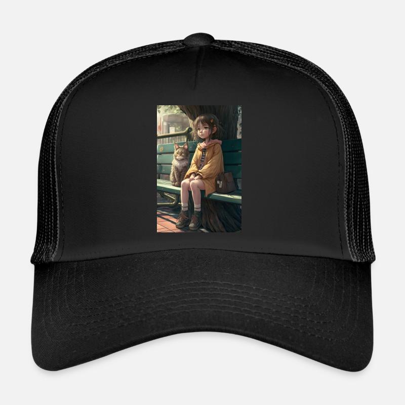 Manga Mädchen Katze Geschenk - Trucker Cap - Schwarz/Schwarz