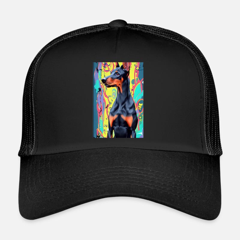 Dobermann vor buntem Hintergrund, Pop-Art modern Trucker Cap