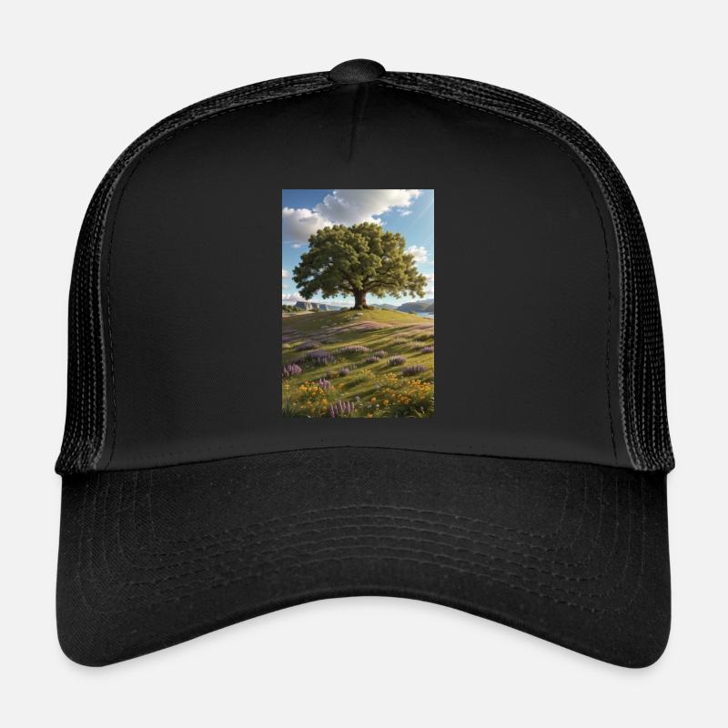 Baum, Wildblumenwiese - Trucker Cap - Schwarz/Schwarz