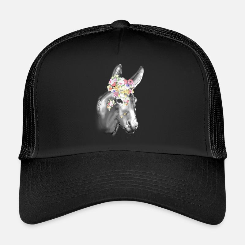 Esel, Graffiti, Malerei,grau, Blumen - Trucker Cap - Schwarz/Schwarz