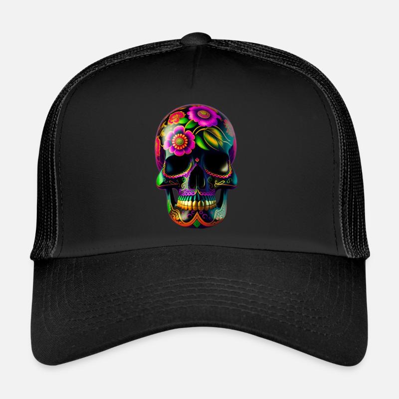 Totenkopf im Mexikanschischem Style - Trucker Cap - Schwarz/Schwarz