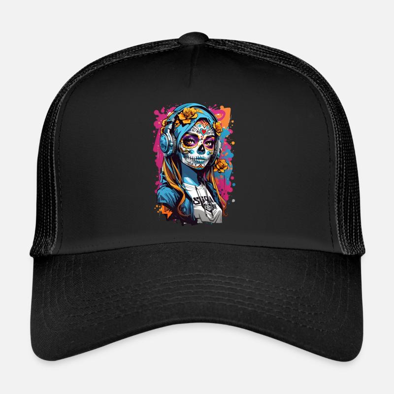 Fille crâne avec des écouteurs - Casquette trucker  - noir/noir