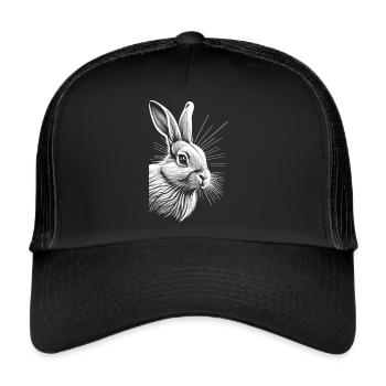 Sanfte Hüpfer: Das Kaninchen in zartem Weiß - Trucker Cap - Schwarz/Schwarz - Vorne