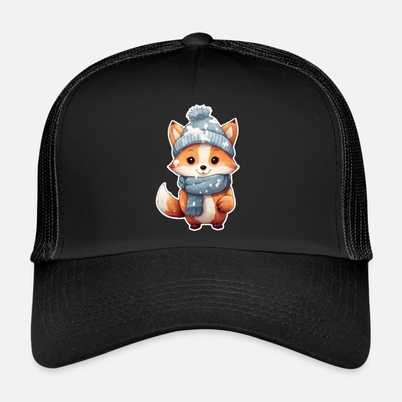 Fuchs mit Mütze und Schal - Trucker Cap - Schwarz/Schwarz