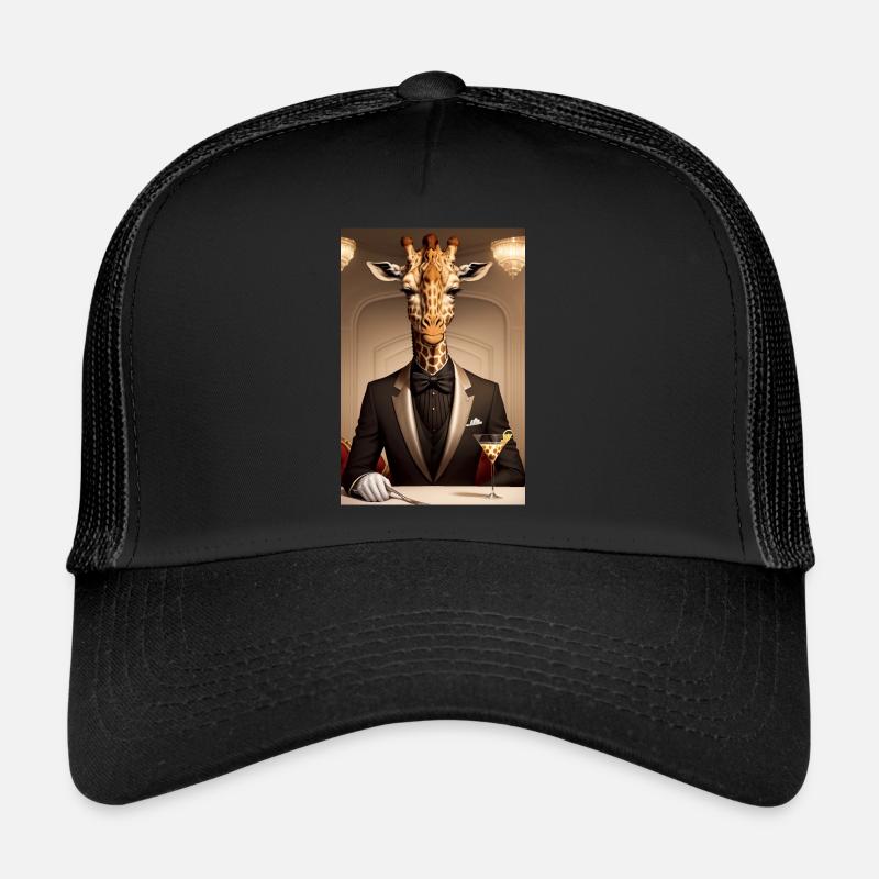 Eine Giraffe im Restaurant mit Martini Trucker Cap