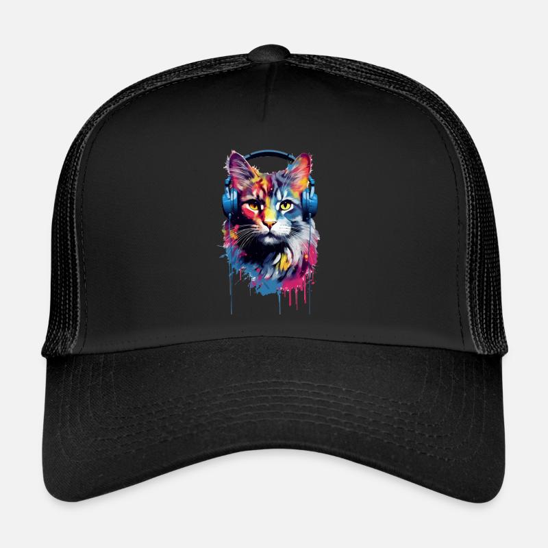 Chat Maine Coon coloré avec des écouteurs Casquette trucker 