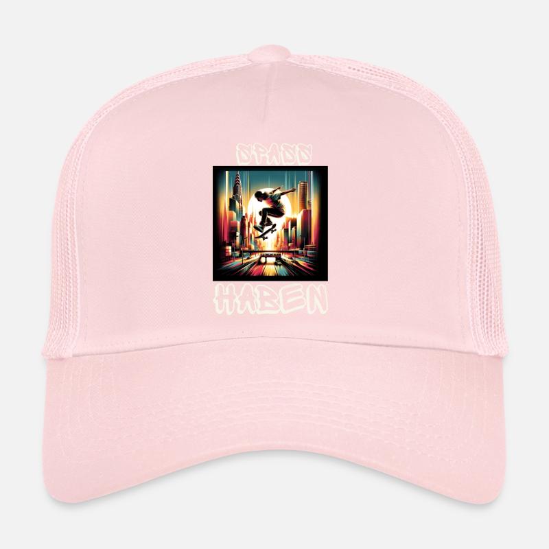 Dynamischer Skateboard-Sprung durch die Stadt Trucker Cap