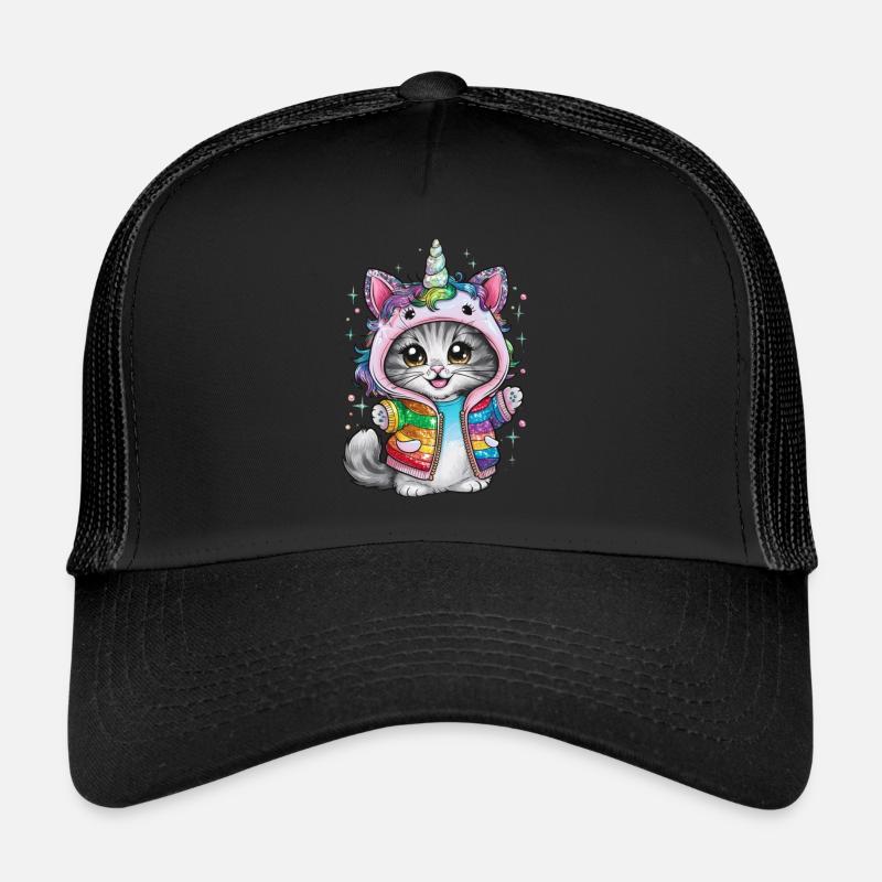Niedliche Einhorn Katze mit brillanten Farben - Trucker Cap - Schwarz/Schwarz