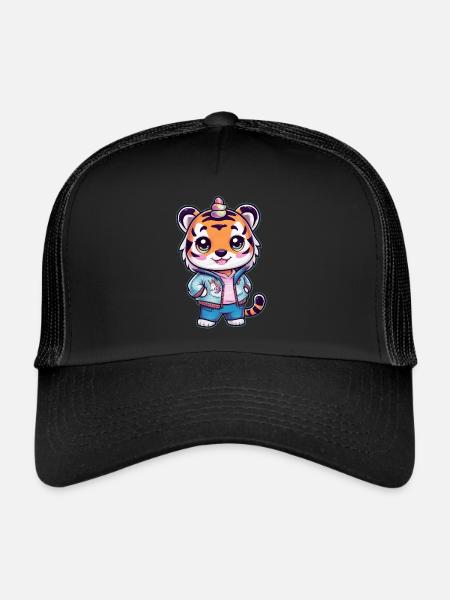 Kawaii Tiger with Cute Unicorn Outfit - Trucker Cap - black/black - Front