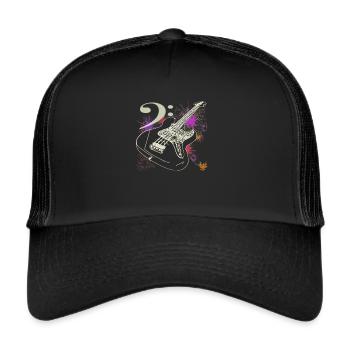 Bass Gitarre Mit Bass Notenschluessel - Trucker Cap - Schwarz/Schwarz - Vorne