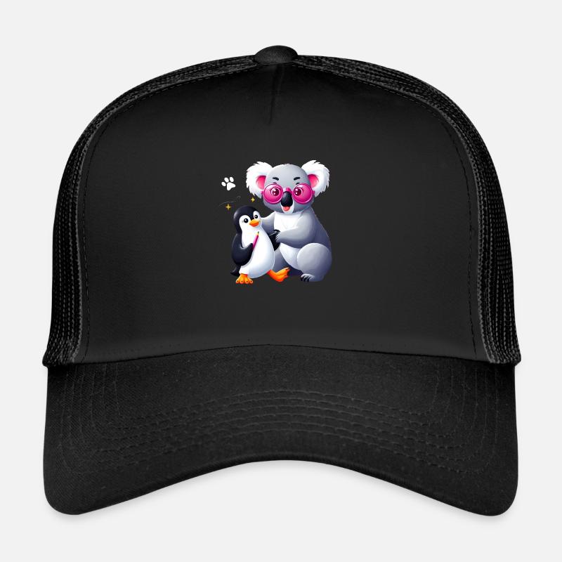 bear and penguin with pink glasses - Trucker Cap - black/black