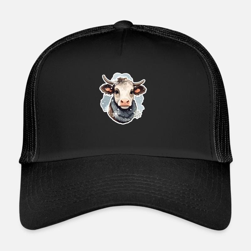 Bœuf en hiver avec écharpe et flocons de neige Casquette trucker 