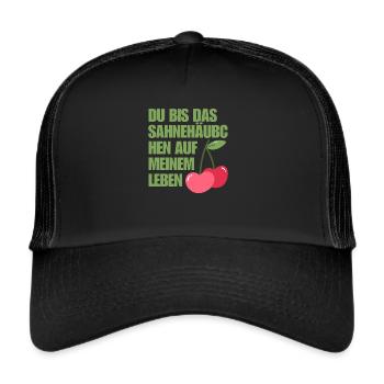 Lustige Valentinstag-Sprüche mit Kirsche drauf - Trucker Cap - Schwarz/Schwarz - Vorne