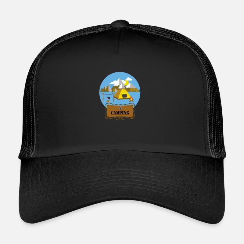 Flat Design Outdoor Camping Campfire Tent Mountains Trucker Cap