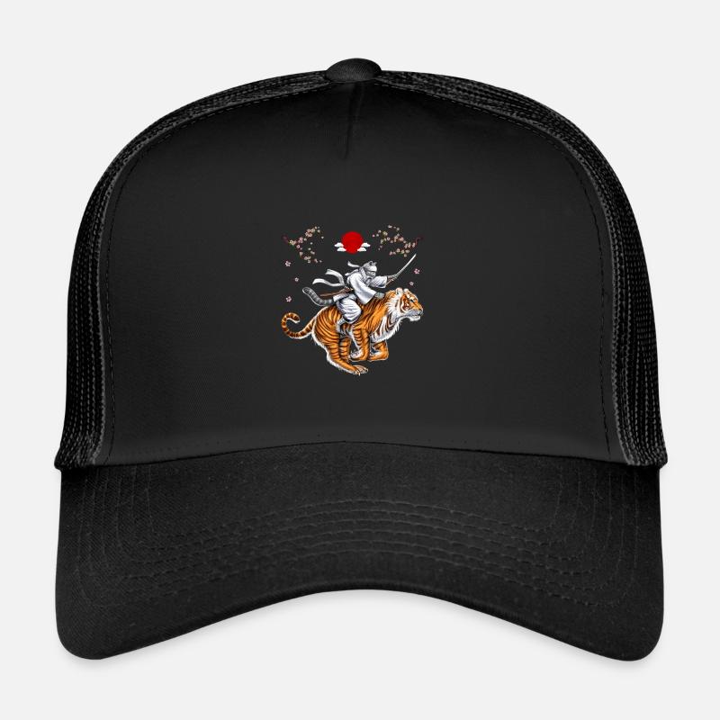 Japanische Katze Samurai Ninja Reitender Tiger - Trucker Cap - Schwarz/Schwarz