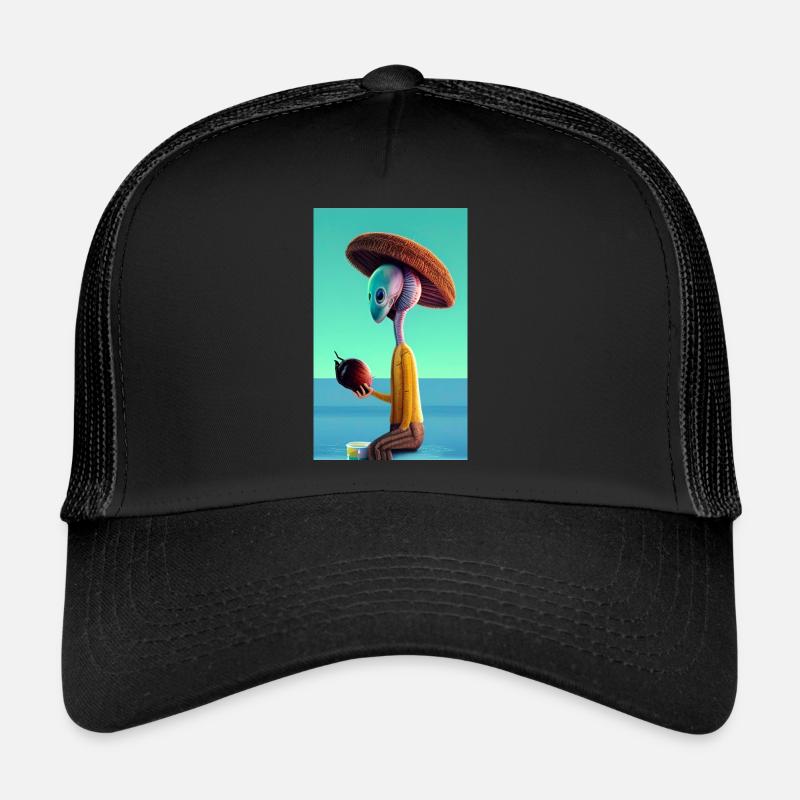 Crazy Comic Alien an einem Strand mit einer Weltraumkokosnuss Trucker Cap