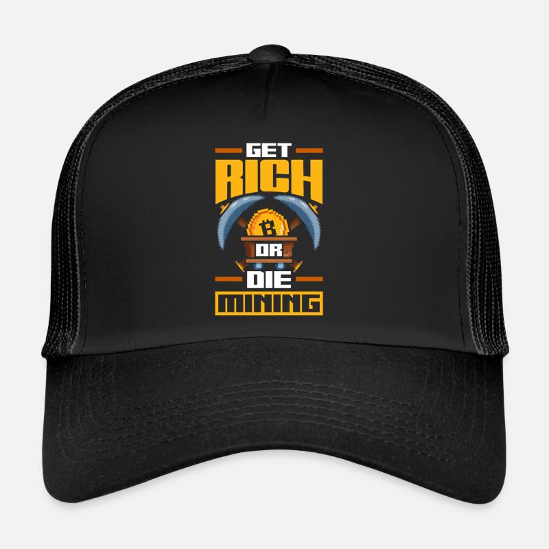 Get Rich Or The Mining Cryptocurrency Pixel Retro Trucker Cap