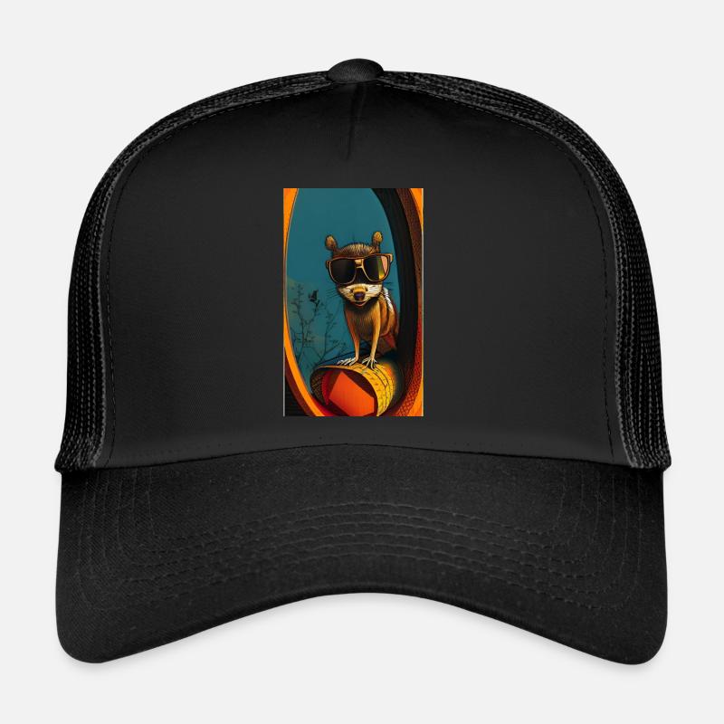 Cooles Comic-Porträt einer wilden roten Eichhörnchen-Nuss - Trucker Cap - Schwarz/Schwarz