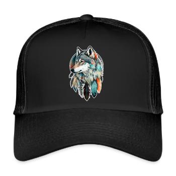 Wolf Aquarell Federn Indianer Wildtier Mandala - Trucker Cap - Schwarz/Schwarz - Vorne