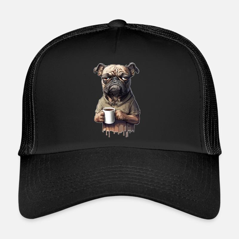 Grummeliger Hund Mops Launisch Kaffee Sarkasmus - Trucker Cap - Schwarz/Schwarz