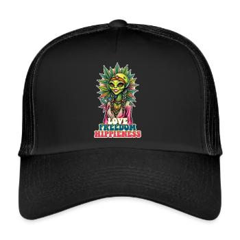 Cannabis Alien LOVE FREEDOM HIPPIENESS 1 - Trucker Cap - Schwarz/Schwarz - Vorne