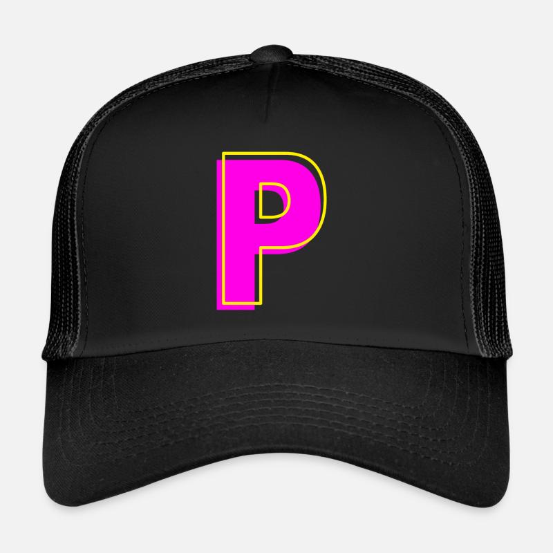 P - Dein Name - Dein Buchstabe - Trucker Cap - Schwarz/Schwarz