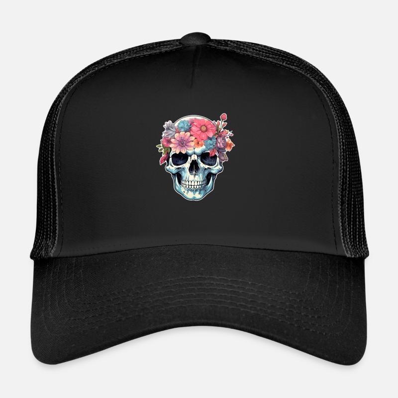 Crâne humain et fleurs 16 Casquette trucker 
