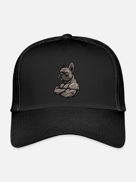 Bouledogue Français Chien Muscles Musculation - Casquette trucker  - noir/noir - Devant