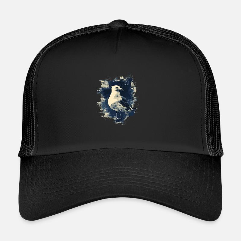 Vintage Seemöwe Nautischer Vogel - Trucker Cap - Schwarz/Schwarz