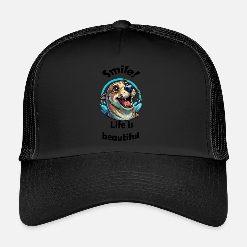 Lächeln Siegel Leben Schöne Freude Positive Botschaft - Trucker Cap - Schwarz/Schwarz