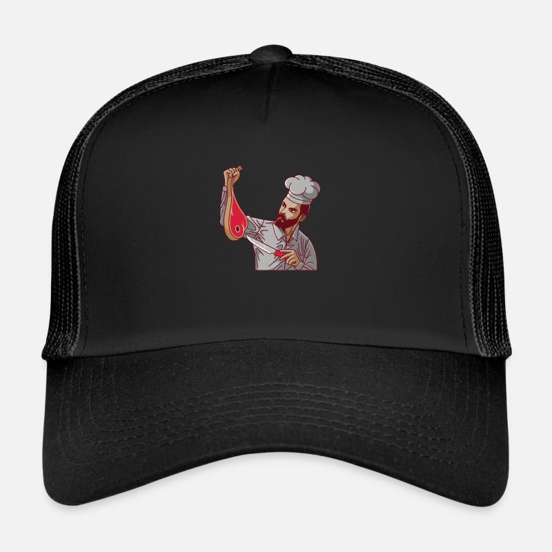 Chef de restaurant turc avec steak T-Bone et - Casquette trucker  - noir/noir