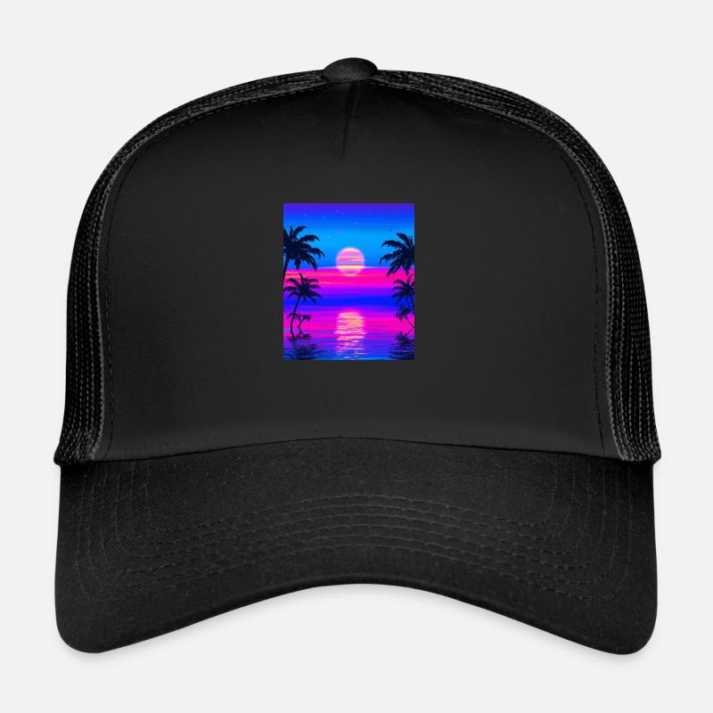 Vaporwave Sun Synthwave Sunset Palmen - Trucker Cap - Schwarz/Schwarz