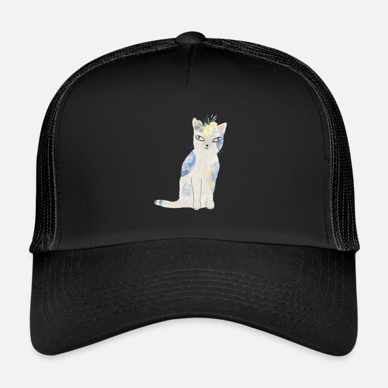 Blaue Blumenkatze - Trucker Cap - Schwarz/Schwarz