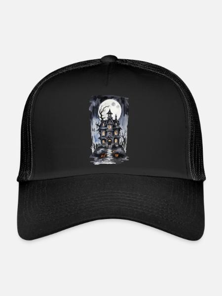 Halloween Full Moon Witch House Horror Design - Trucker Cap - black/black - Front