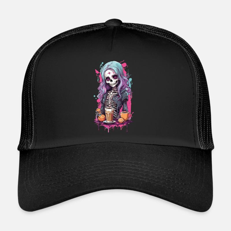 Gothic Kawaii Skull Frühstück Design - Trucker Cap - Schwarz/Schwarz