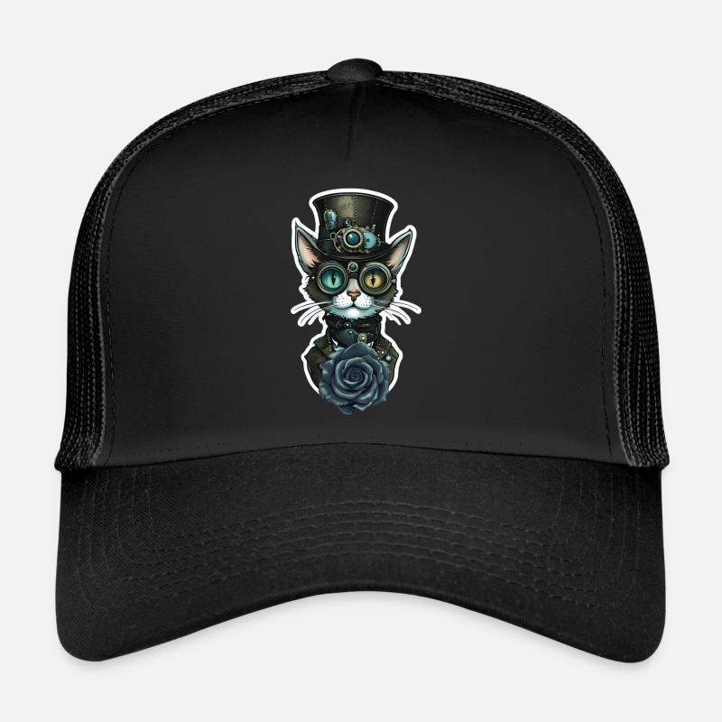 Chat Steampunk Rose Noire Gothique Casquette trucker 