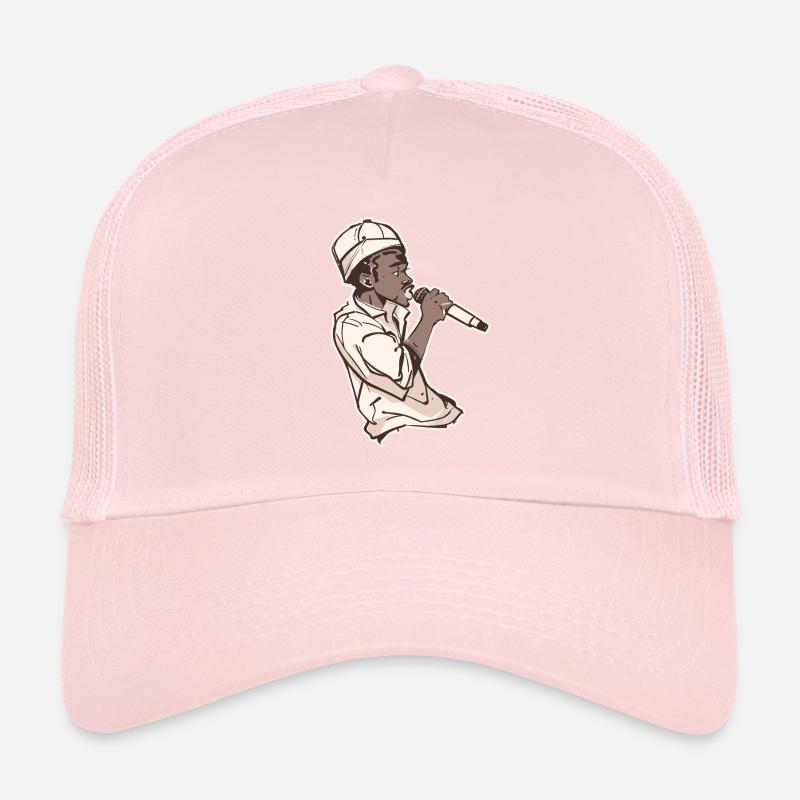 Rapper Holding a Microphone with Stroke Trucker Cap