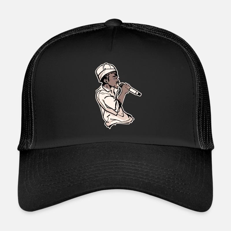Rapper Holding a Microphone with Stroke (Black) Trucker Cap