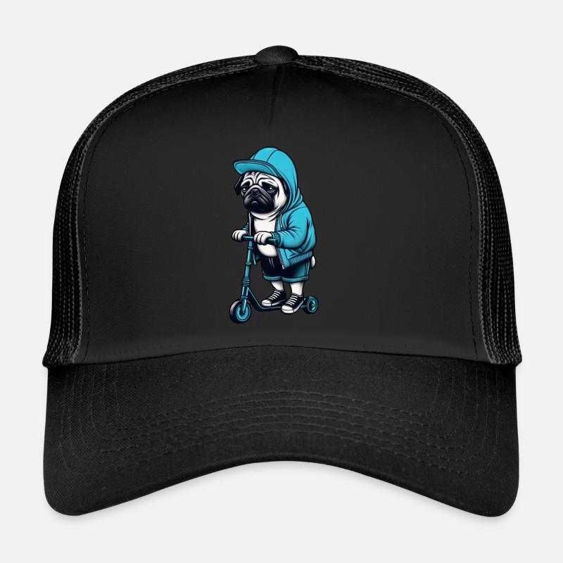 Lustiger Mops auf Roller Comic Cartoon Cool Hund - Trucker Cap - Schwarz/Schwarz